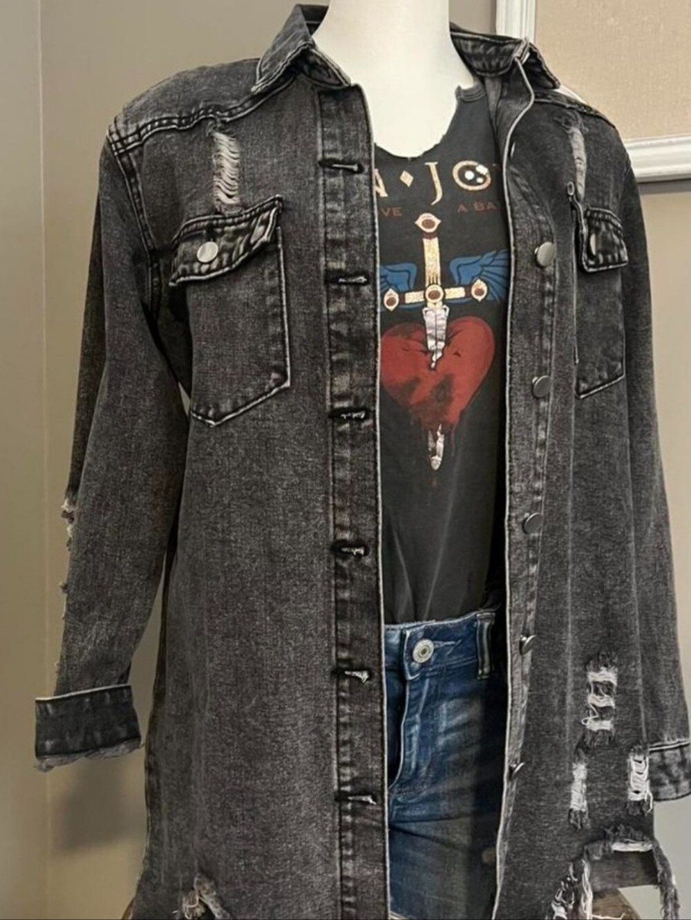 Love Tree Distressed Black Jean Jacket with Frayed Hem